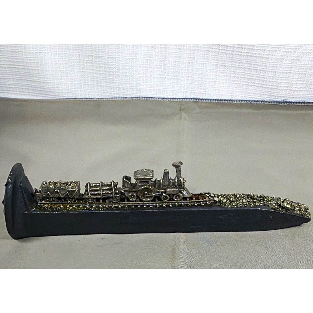 Railroad Spike Pewter Train Locomotive & Crushed Stone Track Diorama